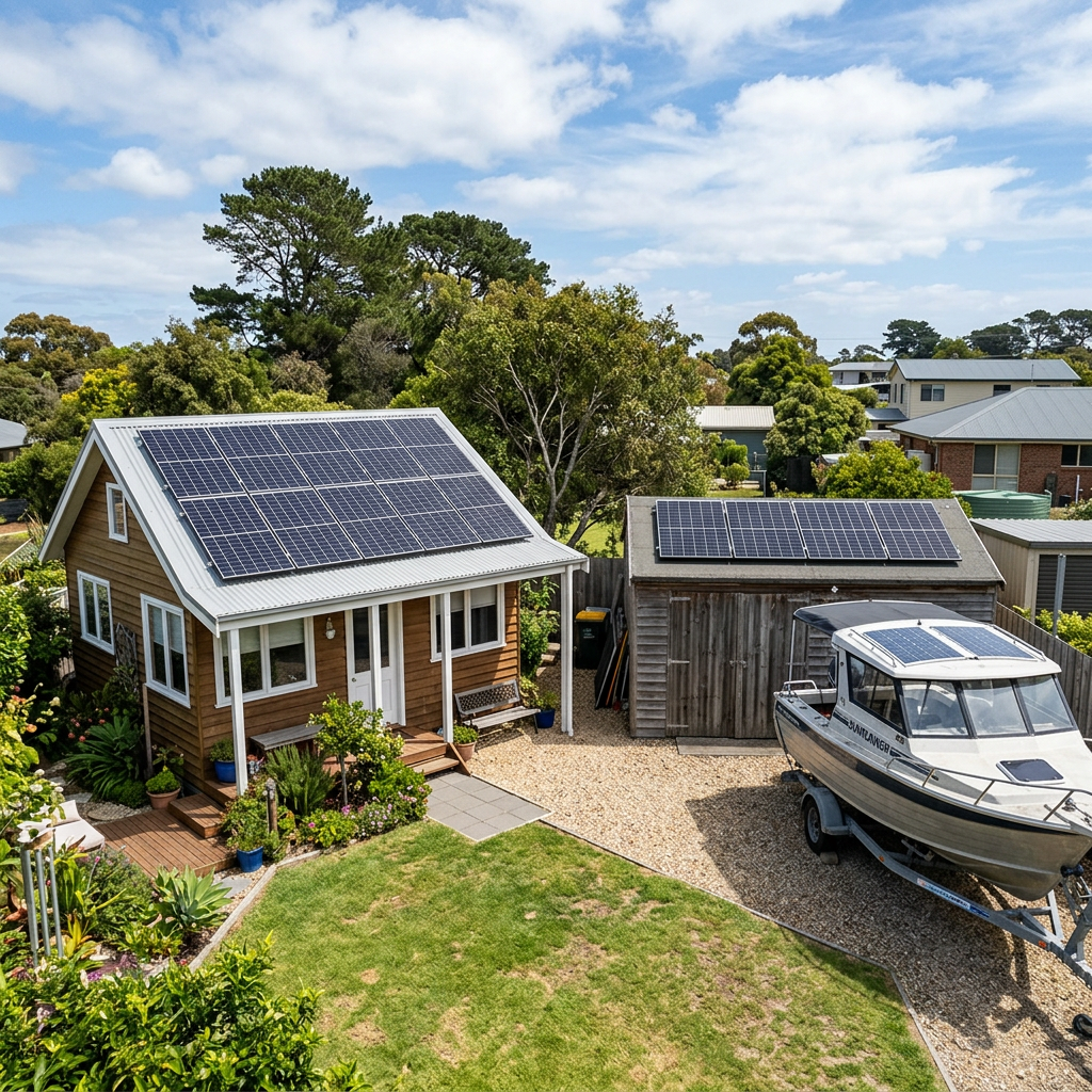 Small house and shed with solar panels on their roofs and a boat parked nearby